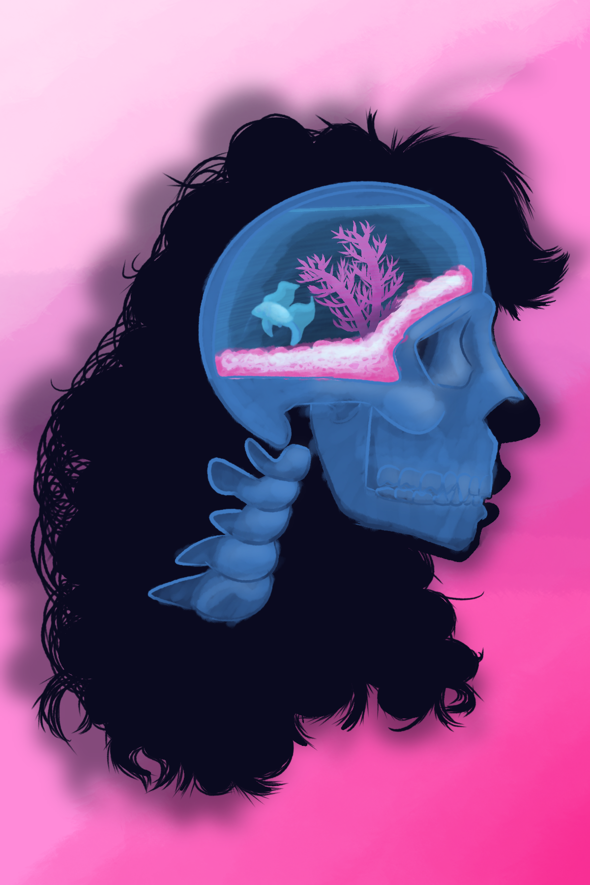 A digital illustration of a skull superimposed on a side profile of a face, with a fishbowl where its brain should be.