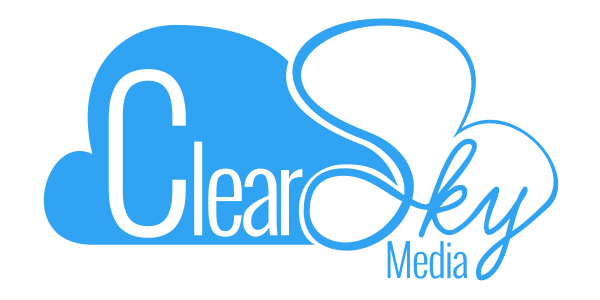 A vector logo of a blue cloud with incorperated text reading Clear Sky Media